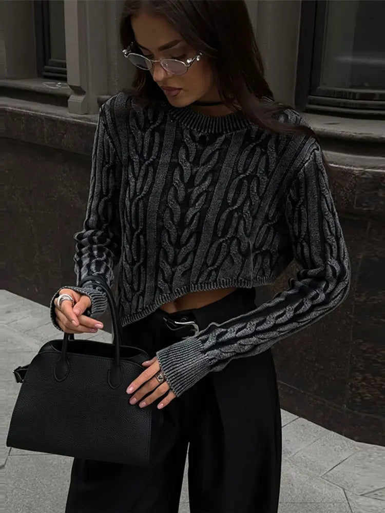 Aiertu  -  Fashion Cable Solid Irregular Hem Cropped Knitted Pullovers Women O-neck Long Sleeved Sweaters 2026 Autumn Female Warm Jumpers Aiertu