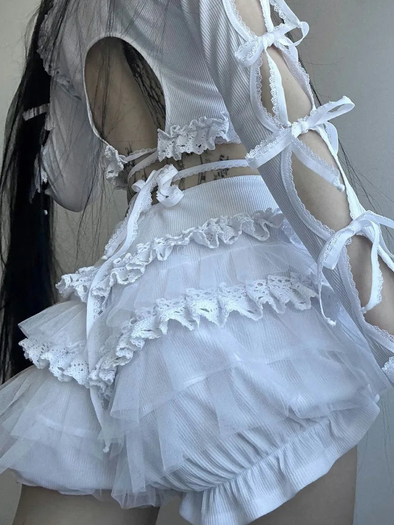 Aiertu  -  Frilly Lace Mesh Micro Mini Shorts for Girls Gyaru Japanese 2000s Y2k Gothic Clothes White Black Shorts P84-CI20 Aiertu