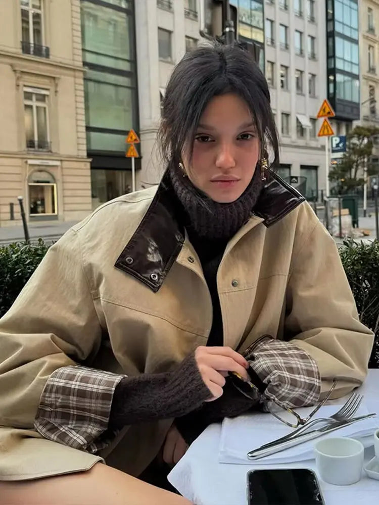 Aiertu  -  Patchwork Vintage Pu Jacket Women Loose Stand Collar Long Sleeve Button Khaki Coats Spring Chic Street Outwears Lady 2025 Aiertu