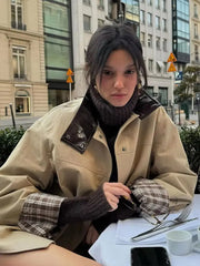 Aiertu  -  Patchwork Vintage Pu Jacket Women Loose Stand Collar Long Sleeve Button Khaki Coats Spring Chic Street Outwears Lady 2025 Aiertu
