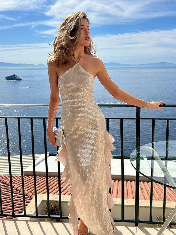 Aiertu  -  Glossy Sequins Halter Evening Halter Dresses Women Fashion High Waist Mesh Tassel Slim Split Long Dress 2026 New Party Club Robe Aiertu