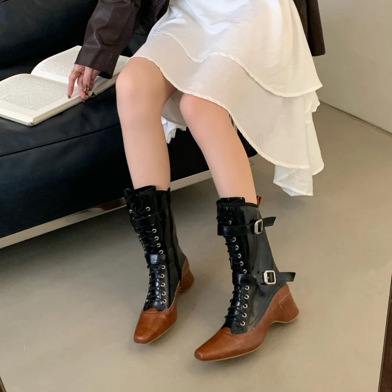 Aiertu    -  Yellow Cowboy Boots Women Lace Up Belt Buckle Block Heels Mid-calf Western Boots Autumn Vintage Designer Shoes Black Botas Mujer Aiertu