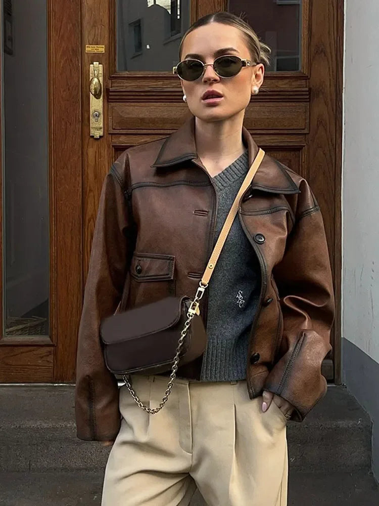Aiertu  -  Fashion Solid Lapel Single Breasted Leather Jacket Women Chic Long Sleeve Pocket Warm Coat 2026 New Autumn Lady High Streetwewar Aiertu