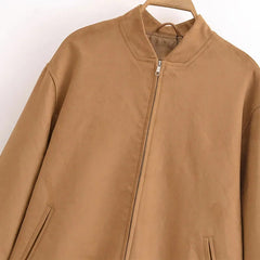 Aiertu  -  Women's Vintage Solid Jacket Loose O Neck Zipper Pocket Long Sleeve Female Coat Autumn Lady Office All-match Outwear New Aiertu