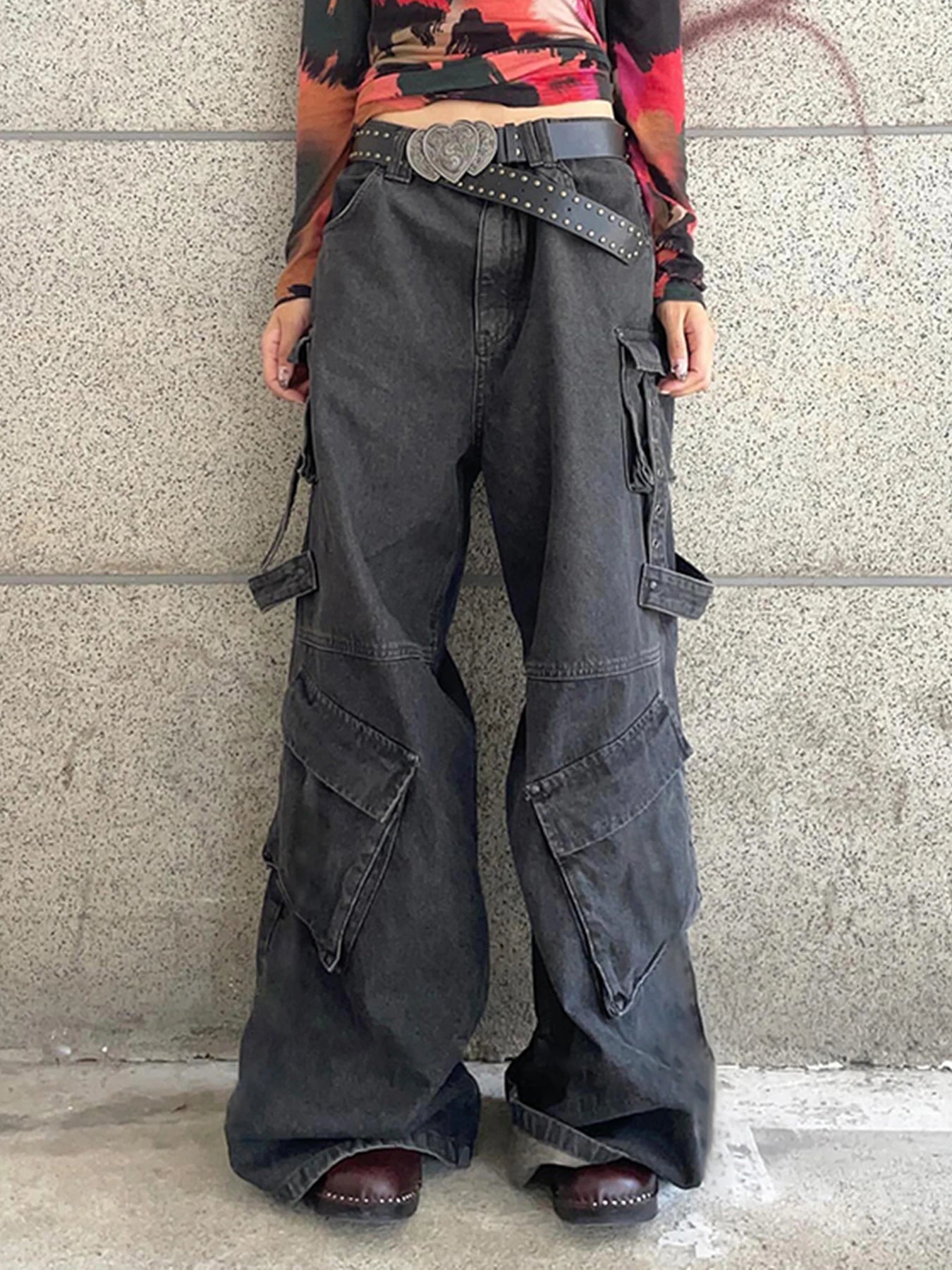 Aiertu  -  Gothic Fashion Women Cargo Jeans Grunge Loose Fit Pocket Denim Pants Harajuku Y2K Boyfriend Style Wide Leg Trousers Aiertu