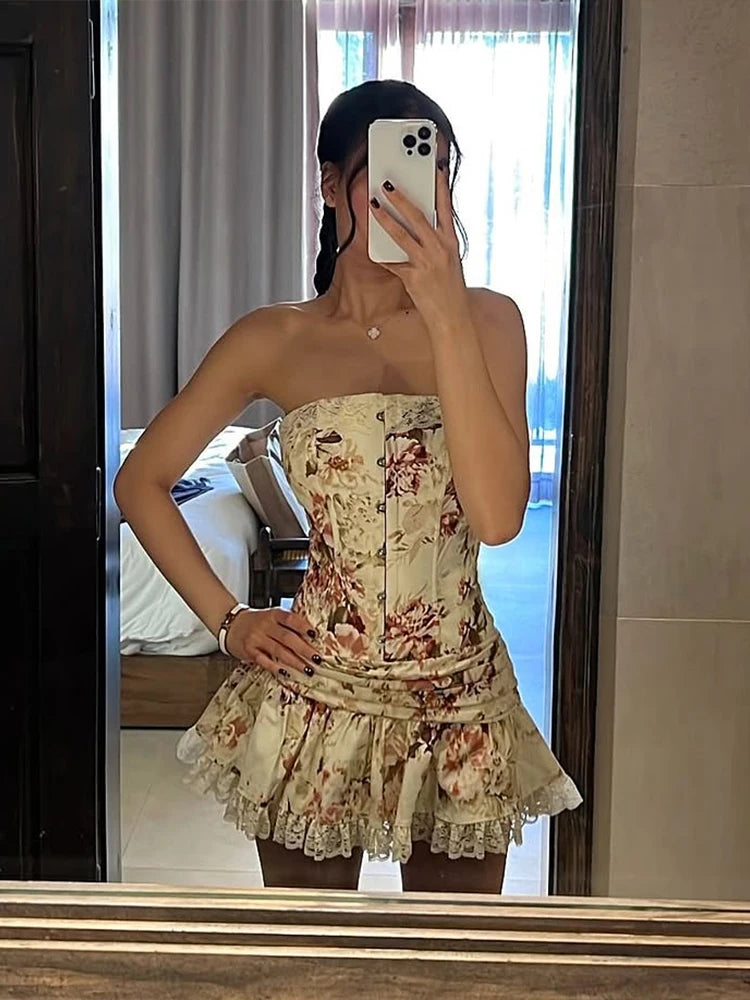 Aiertu  -  Sweet 2Piece Set Women Flower Print Single-Breasted Metal Buckle Wrap Mini Top+Patchwork Lace Folds Skirt Matching Suits Aiertu
