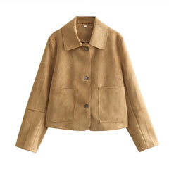 Aiertu  -  Vintage Faux Suede Lapel Jackets Women Loose Single Breasted  Pockets Long Sleeve Coats 2026 Autumn New Lady Chic Tops Outwear Aiertu