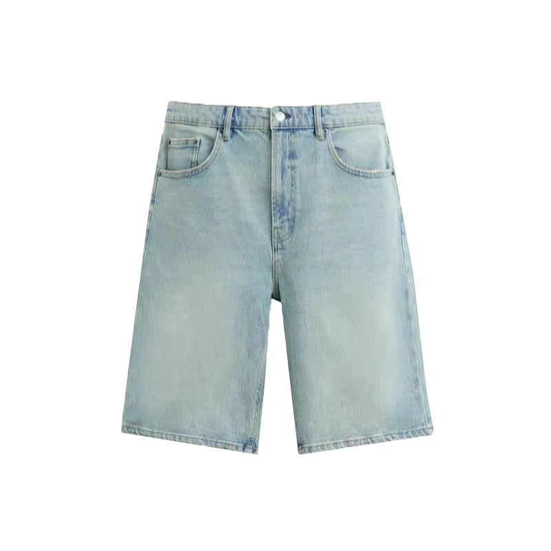 Aiertu  -  Women Plain Knee Long Baggy Jorts Light Wash Wide Denim Shorts Vintage High Rise Bermuda Pants Casual Summer Clothes Aiertu