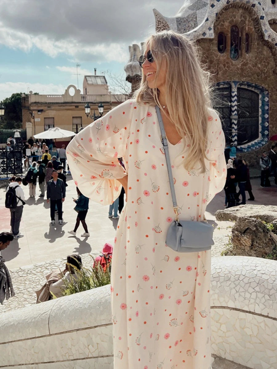Aiertu  -  Women Printed Chiffon Dress Sweet Casual Summer Loose V-neck Beach Lace Up Long Skirts Fashionable Office Lady Dress Aiertu