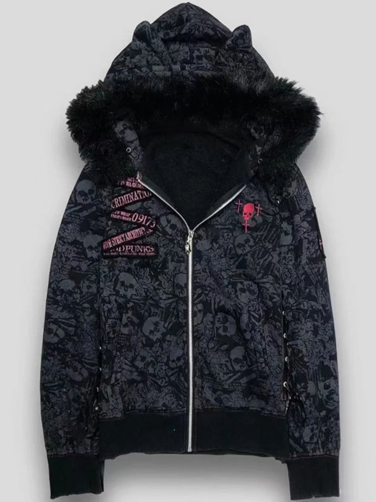 Aiertu  -  Goth Skull Print Y2k Hoodies Jackets Women Vintage Harajuku Coat Aesthetic Grunge Fur Patchwork Hooded Jacket Fairy Zipper Coat Aiertu