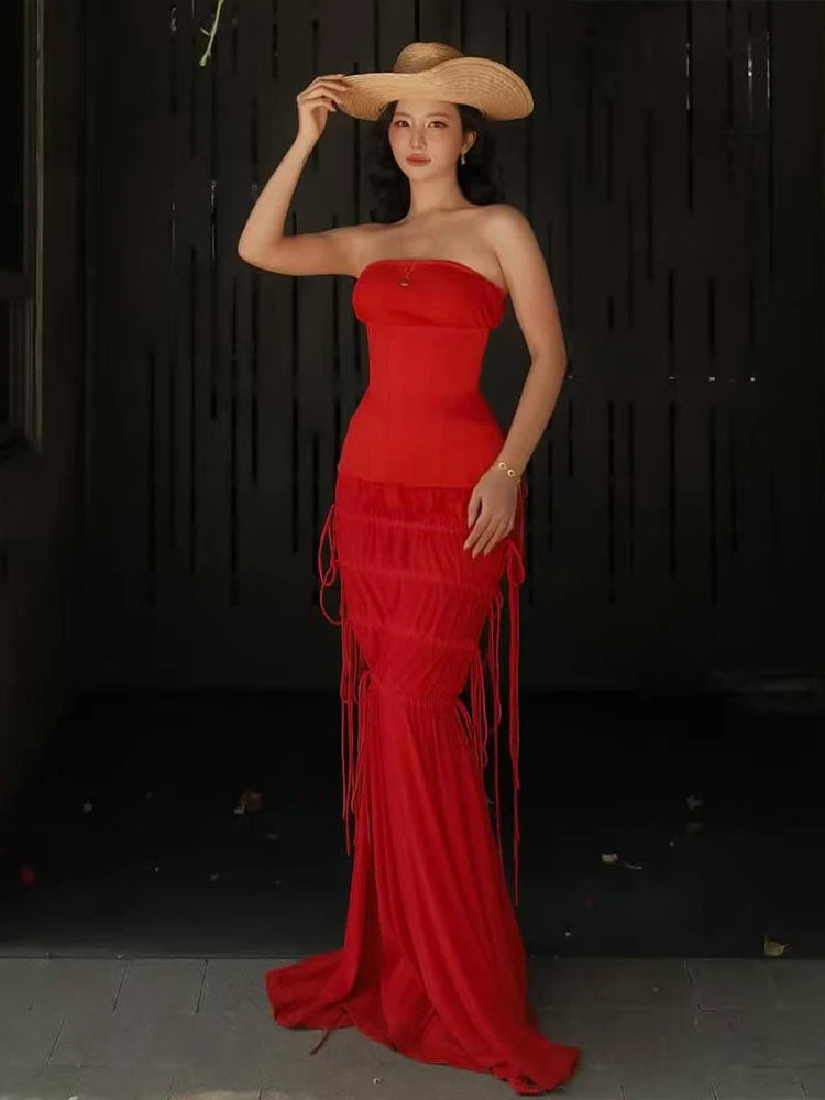 Aiertu  -  Puss Draping 2-Piece Set Women Elegant Wrap Sleeveless Backless Tops+Bandage Folds Skirts Summer Vacation Matching Suits Aiertu