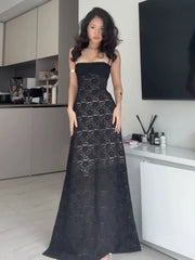 Aiertu  -  Elegant See Through Dress Women Backless Sleeveless Cross Lace-Up Spaghetti Strap Sexy Flower Motif Midnight Vestidos Aiertu