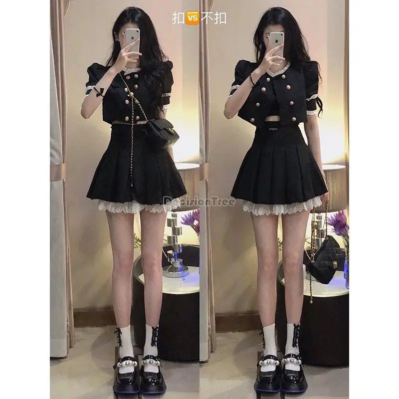 Aiertu 2025 summer inspo Korea Japanese Summer New Black Jk Uniform Girl  Double Breasted A-line Pleated Skirt Set Improved School Uniform Set Aiertu