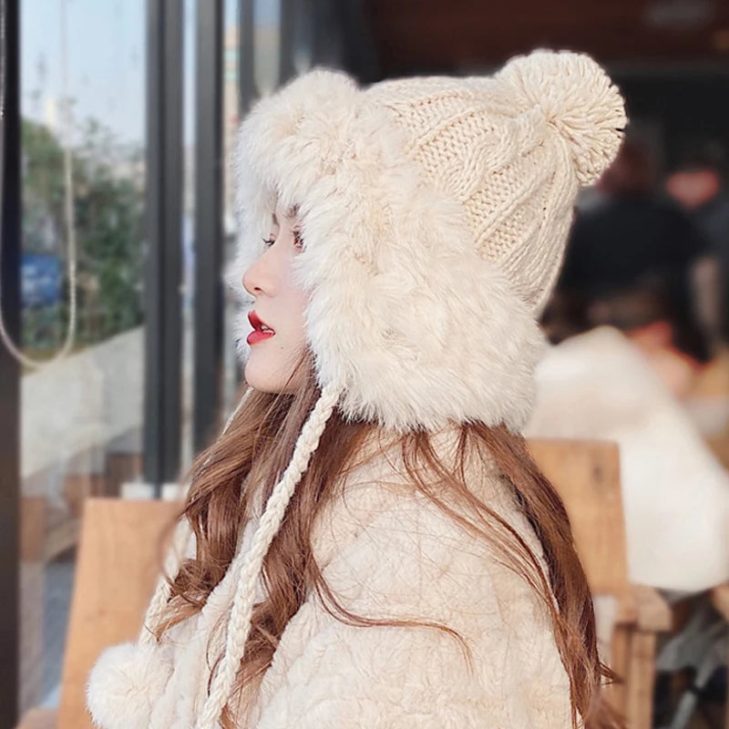 Aiertu  -  Winter Furry Knitted Hat for Women Girls Rabbit Fur Pompom Woolen Beanies Plush Thick Ear Protection Cap Windproof Skiing Bonnet Aiertu