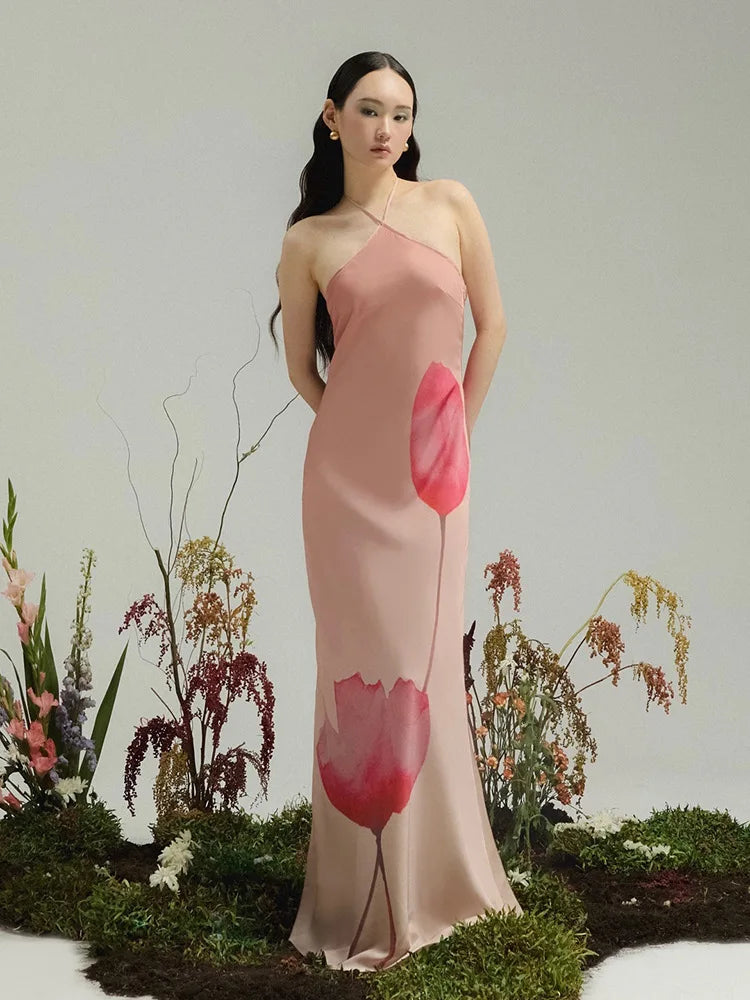 Aiertu  -  Fashion Printed Backless Maxi Dress Female Summer 2025 Slim Sleeveless Contrast Loose Halter Dress Women's Y2k Long Dress Aiertu