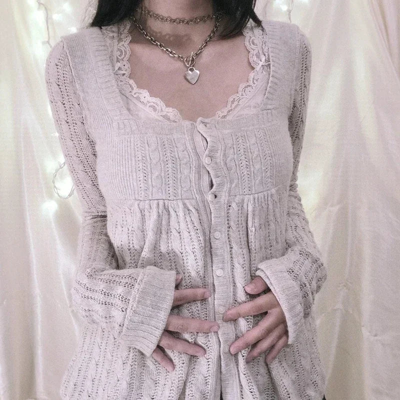 Aiertu  -  Elegant Vintage Y2k Knitted Sweater Women Sweet Long Sleeve Babydoll Pullovers 2000s Aesthetic Grunge Solid Sweaters Aiertu