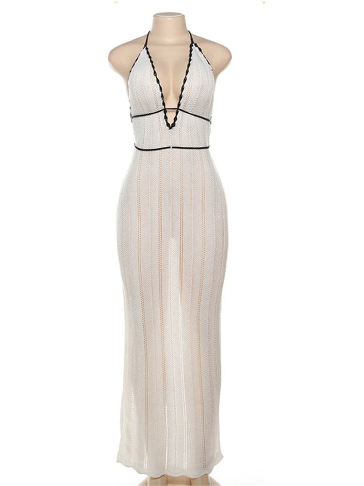 Aiertu  -  Lace Deep V-Neck Embroidery Ruffles Dress Women Sexy Slits See Through Solid Tassel Petal Cuffs Street Elegance Vestidos Aiertu