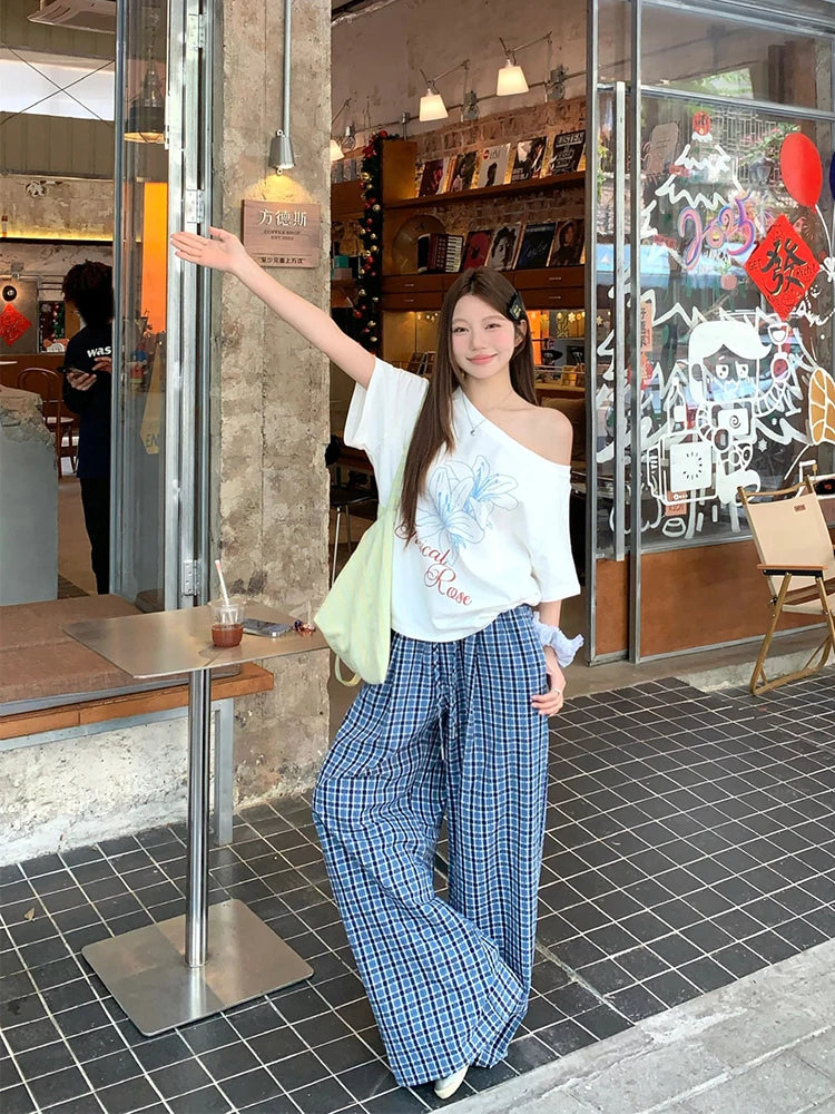 Aiertu  -  Casual Plaid Wide Leg Long Pants Summer Women Elastic High Waist Loose Trousers Female Woman Clothes 2025 Aiertu