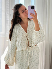 Aiertu  Printing Women Sleepwear Suit Long Sleeve Pajamas V-Neck Nightie Crop Top Nightwear Pants Casual Ladies Home Clothes Aiertu