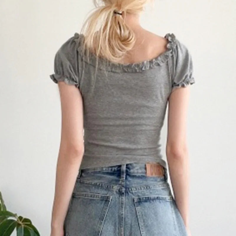 Aiertu  Women Y2k Aesthetic Ruffled Bandage T-shirt Summer Harajuku Fairy Vintage Slim Fit Tees Grunge Cropped Pleated Tops Streetwear Aiertu