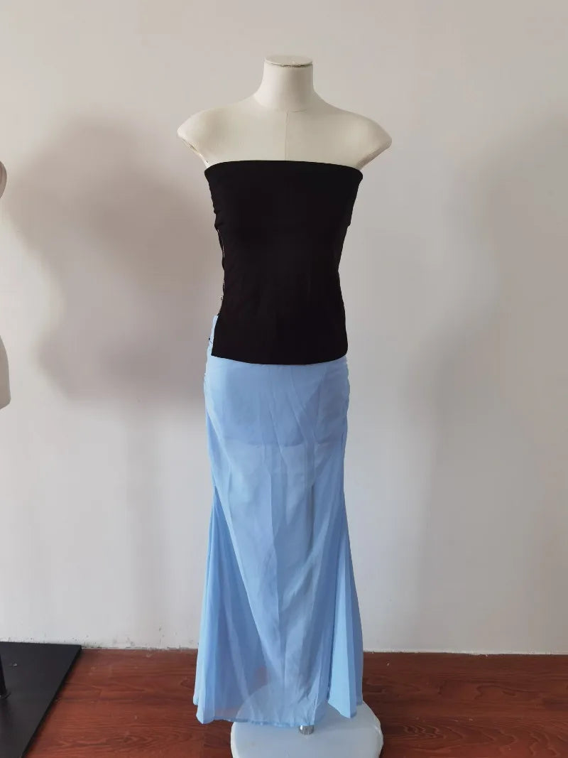Aiertu  -  Sweet Hot Girl Pure Sexy Suit Women's Autumn Short Strapless Top High Waist Mesh Mermaid Long Skirt Two-piece Set Female Clothes Aiertu