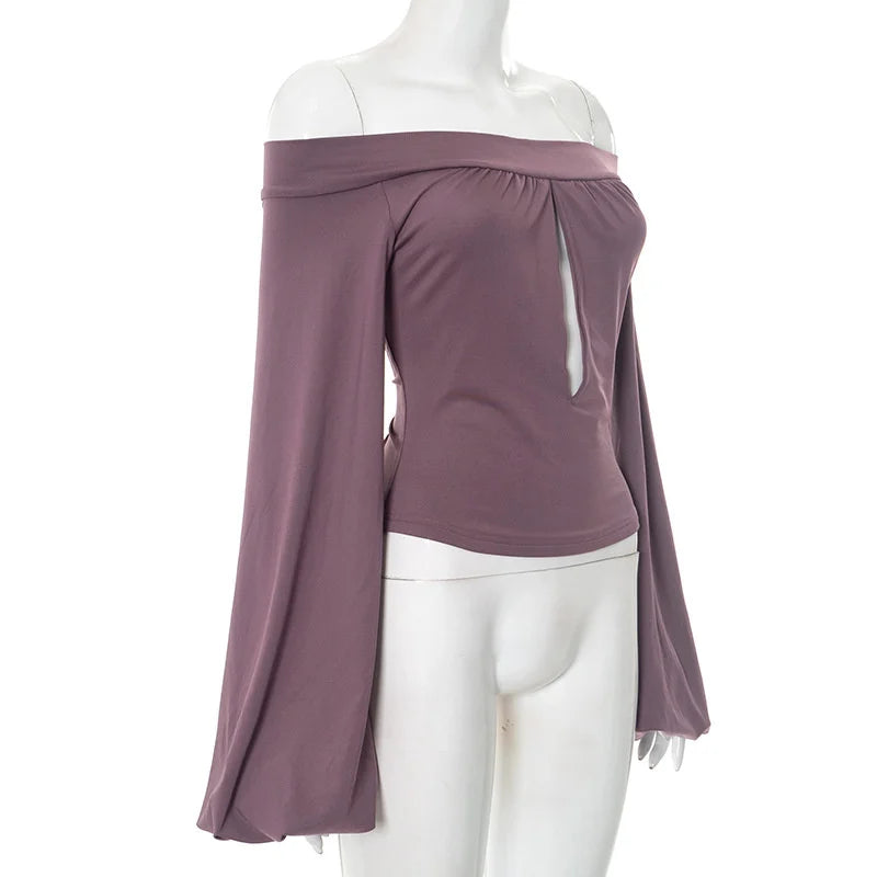 Aiertu  -  Off-Shoulder Slim Sexy T-shirt Tops Hollow Out Long Sleeve Patchwork Solid Fashion Elegant New Fema T-shirt Tops 2025 Aiertu