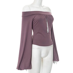 Aiertu  -  Off-Shoulder Slim Sexy T-shirt Tops Hollow Out Long Sleeve Patchwork Solid Fashion Elegant New Fema T-shirt Tops 2025 Aiertu