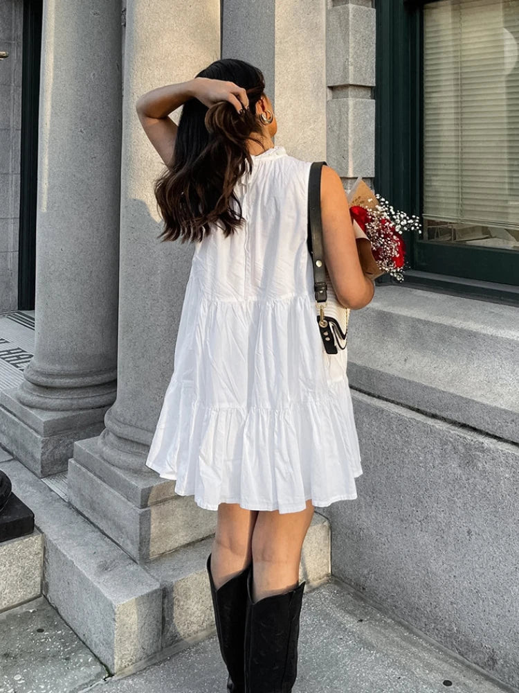 Aiertu  -  Summer Cotton A-line Loose Ruffles White Dress Women Casual O-neck Lace-up Sleeveless Mini Dress Female Holiday Party Dress 2025 Aiertu