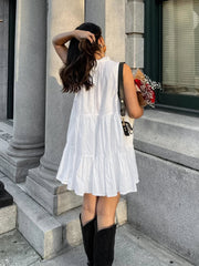 Aiertu  -  Summer Cotton A-line Loose Ruffles White Dress Women Casual O-neck Lace-up Sleeveless Mini Dress Female Holiday Party Dress 2025 Aiertu