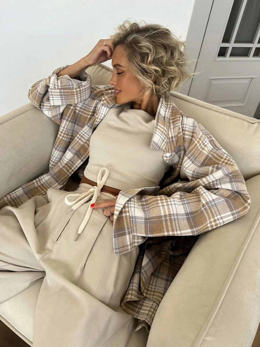 Aiertu  -  Women Vintage Long Sleeve Check Shirts Female Spring Fashion Casual Turn Down Collar Office Single Breasted Blouse Aiertu