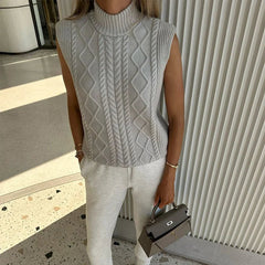 Aiertu  -  Casual Knitted High Collar Vest Women Loose Solid Sleeveless Female Waistcoat  Autumn Lady Cozy All-match Twist Pullovers Aiertu