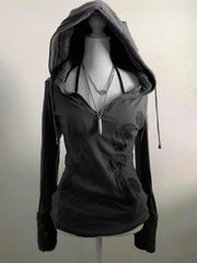Aiertu  -  Y2K Velvet Thickened Fur Collar Hooded Sweatshirt Women's Street Retro Classic Hooded Jacket Cardigan Autumn Winter Harajuku Top Aiertu