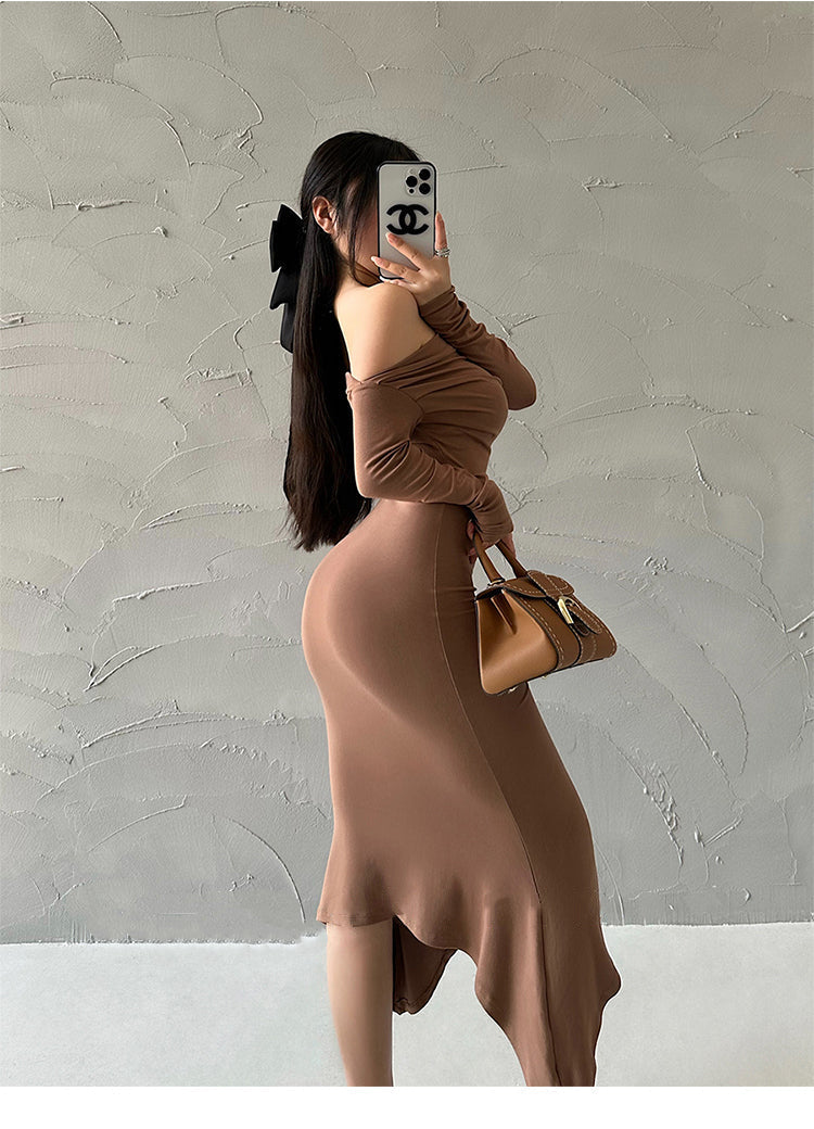 Aiertu Solid Color Slim Off The Shoulder Long Sleeve Dress Aiertu