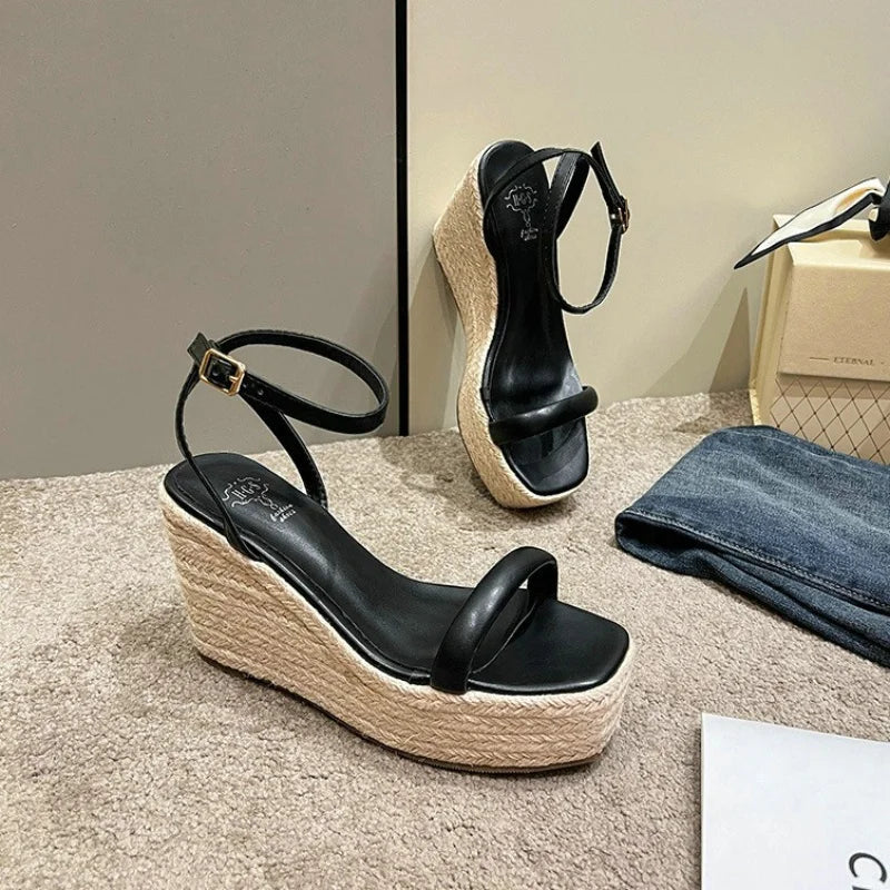 Aiertu  -  Summer New Buckle Square Head Hemp Wedge Sandals Thin Belt Braided Platform High Heel Shoes For Women Aiertu