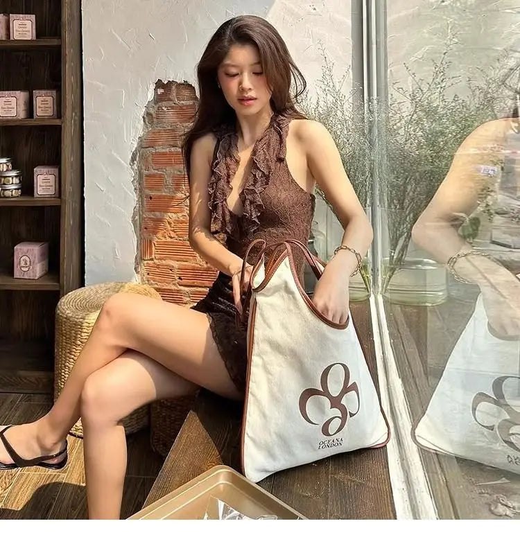 Aiertu  -  Sexy retro vacation ruffle edge deep V halter neck dress female slim slim slim skirt Aiertu