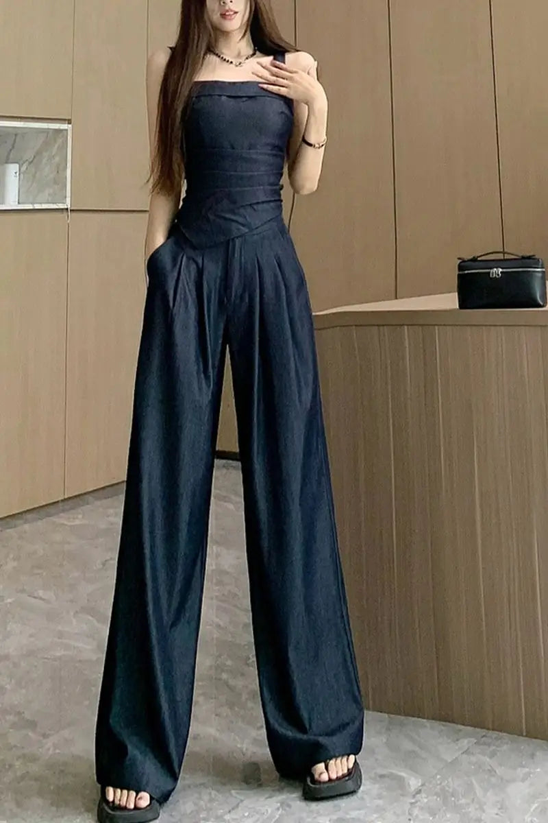 Aiertu  -  Sweet Hot Girl Pure Sexy Suit Women's Summer Denim Camisole Vest High Waist Wide Leg Pants Two-piece Set Fashion Female Clothes Aiertu