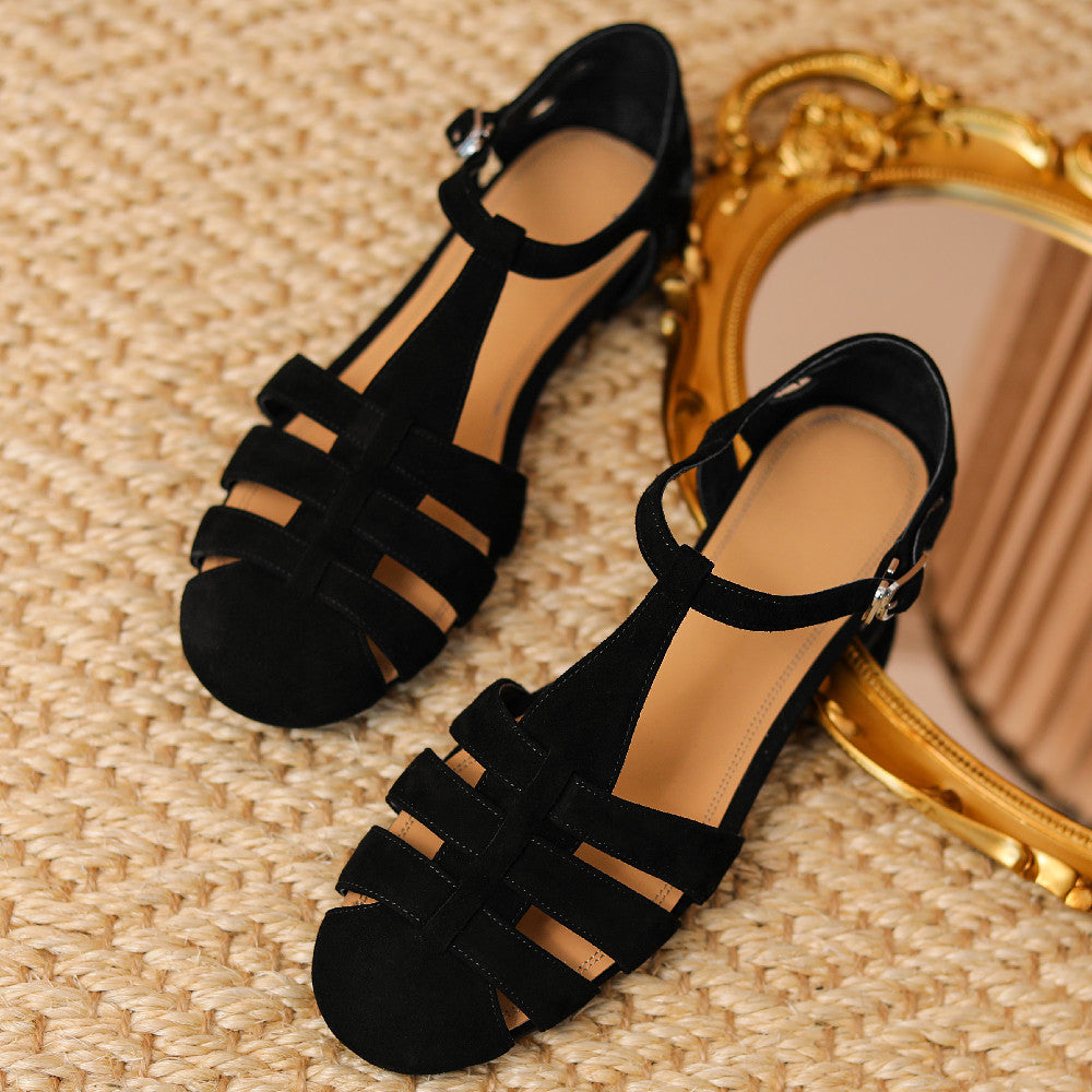 Aiertu  -  Women's genuine leather narrow band braided t-strap falts sandals round toe cage Roman style casual female summer daily shoes Aiertu
