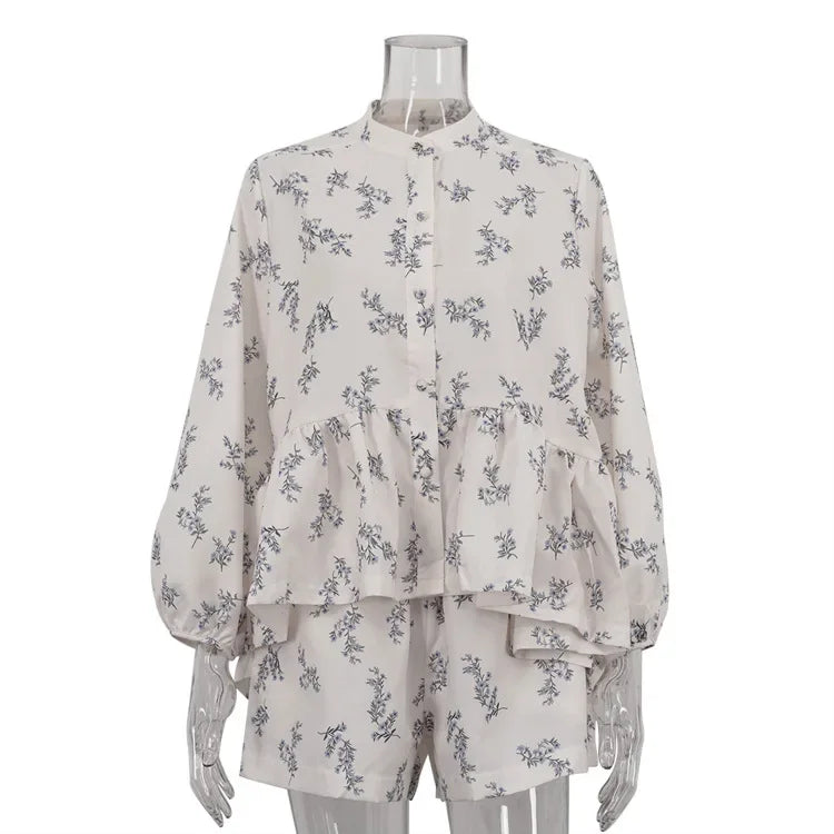 Aiertu  -  Print Shorts Suit Women's Chic Puff Sleeve Ruffled Splice T-Shirt Loose Shorts Matching Set Female Fashion Autumn Outfits Aiertu