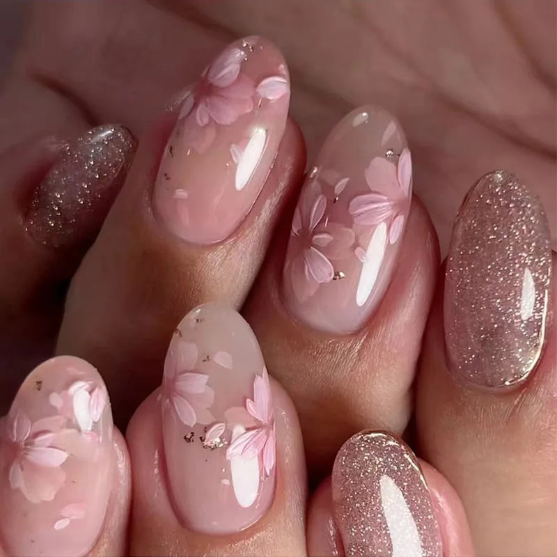 Aiertu  -  24pcs Simple Oval Fake Nails Fashion Cat's Eye Short Almond False Nail Wearable Flower Full Cover Nail Tips Pink Press on Nails Aiertu