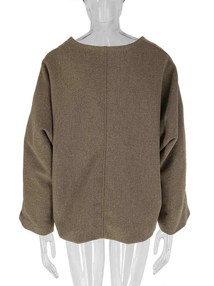 Aiertu  -  V-neck Single Breasted Women Coat Gray Long Sleeve Pocket Short Jacket Female Winter Loose Casual Streetwear Aiertu
