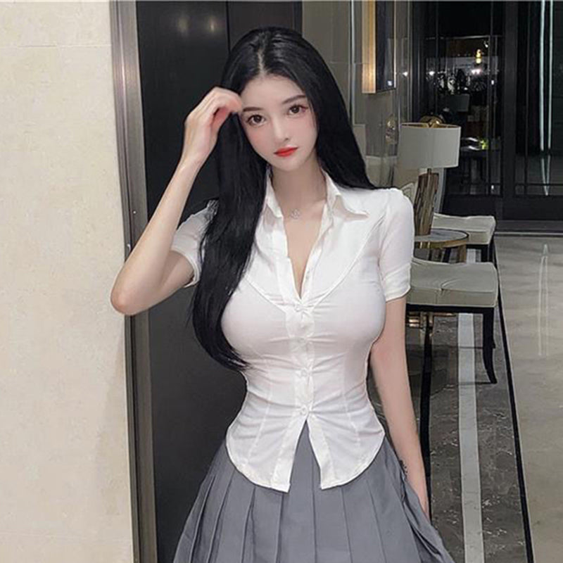 Aiertu Short Sleeve Shirt Women Sexy Slim White Button Blouse Office Lady Korea Fashion Summer Chic Turn Down Collar Shirts Top Aiertu