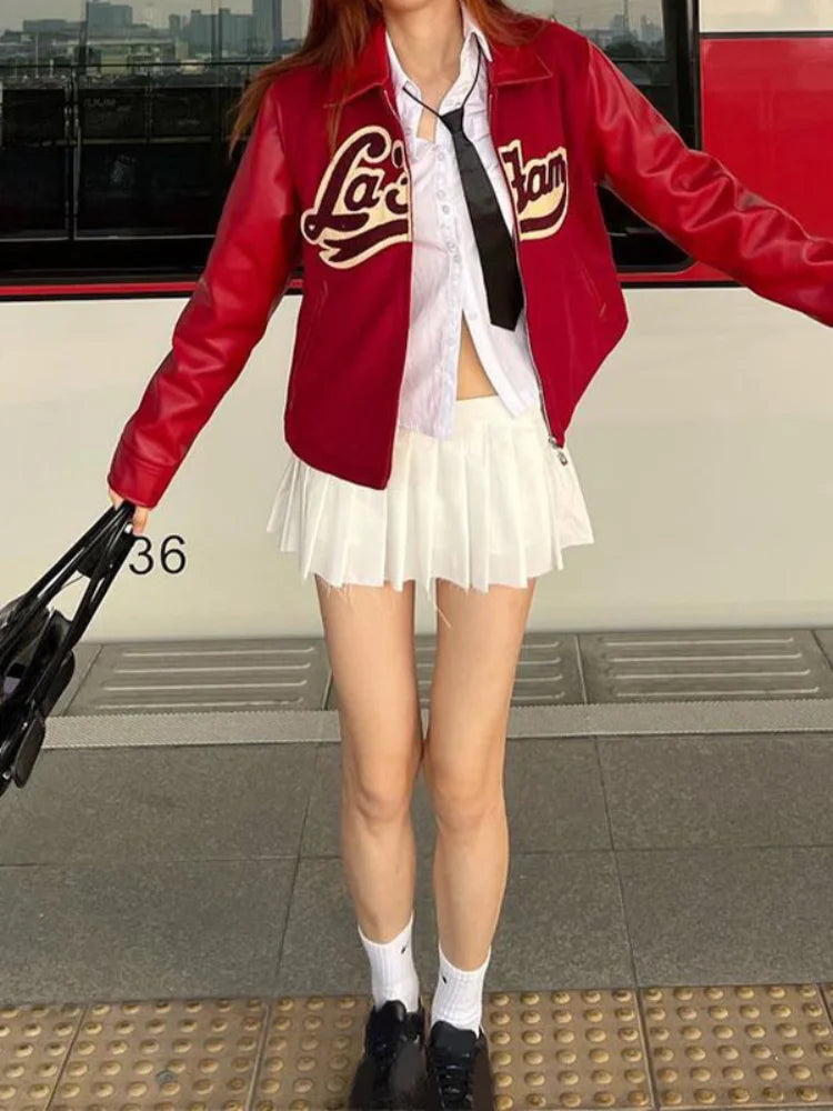 Aiertu  - Women Leather Fashion Embroidery Zipper Short Jacket Elegant Long Sleeves Lapel Loose Coats Autumn Female Streetwear Outercoat Aiertu