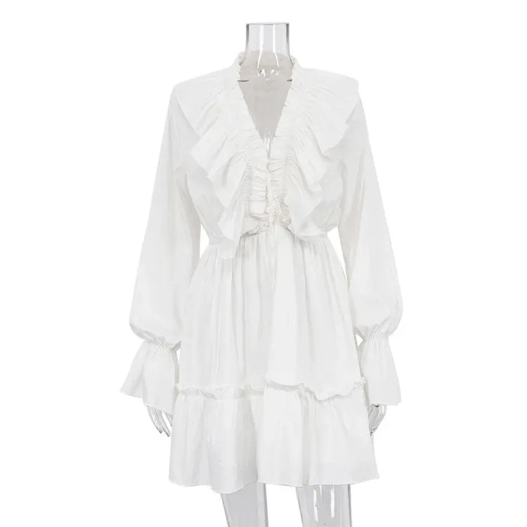 Aiertu  -  2026 Fall V-neck Flare Sleeve Ruffles Short Dresses Streetwear Women's High Waist Lace-up Tunics Ruched A-line Pink Party Dress Aiertu