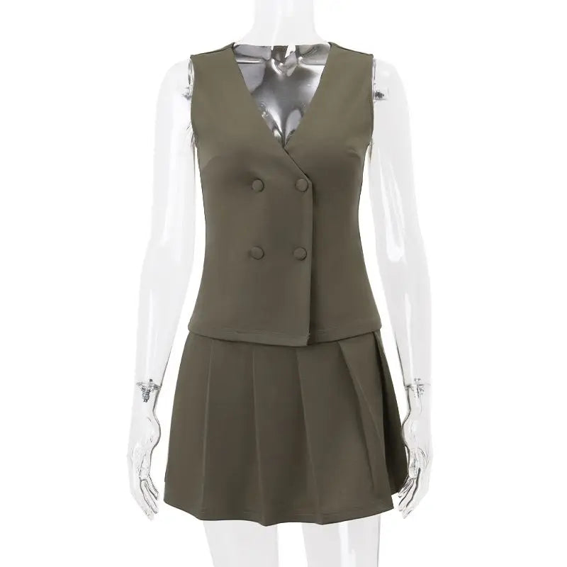 Aiertu  -  Sweet Hot Girl Casual Seuit Women's Summer Retro V-neck Sleeveless Double Breasted Vest A-line Pleated Skirt Two-piece Set Aiertu