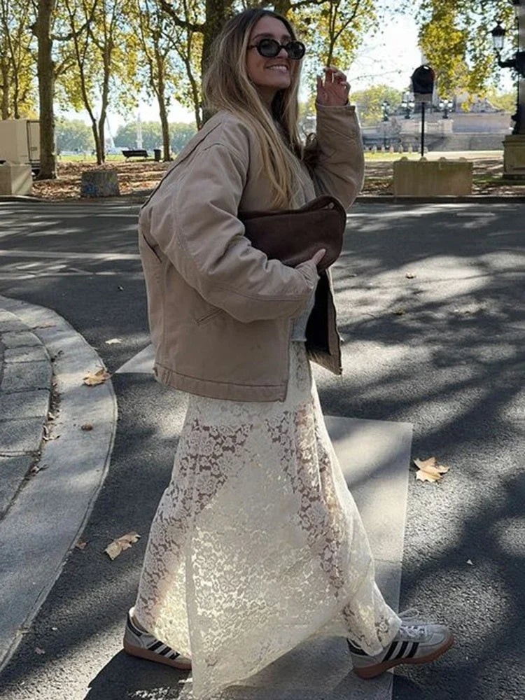 Aiertu  -  Fashion Lace Long Skirts For Women High Waist See Through Sexy Skirt Versatile Solid Color Loose Casual Autumn Winter New Aiertu