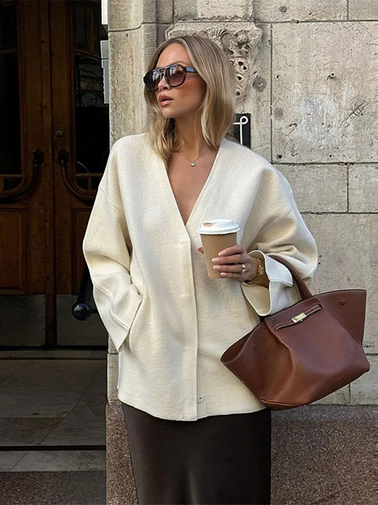 Aiertu  -  Women Elegant White Spliced Woolen Coat Causal V-neck Long Sleeves Buttons Short Jacket 2026 Autumn Lady High Street Outwear Aiertu