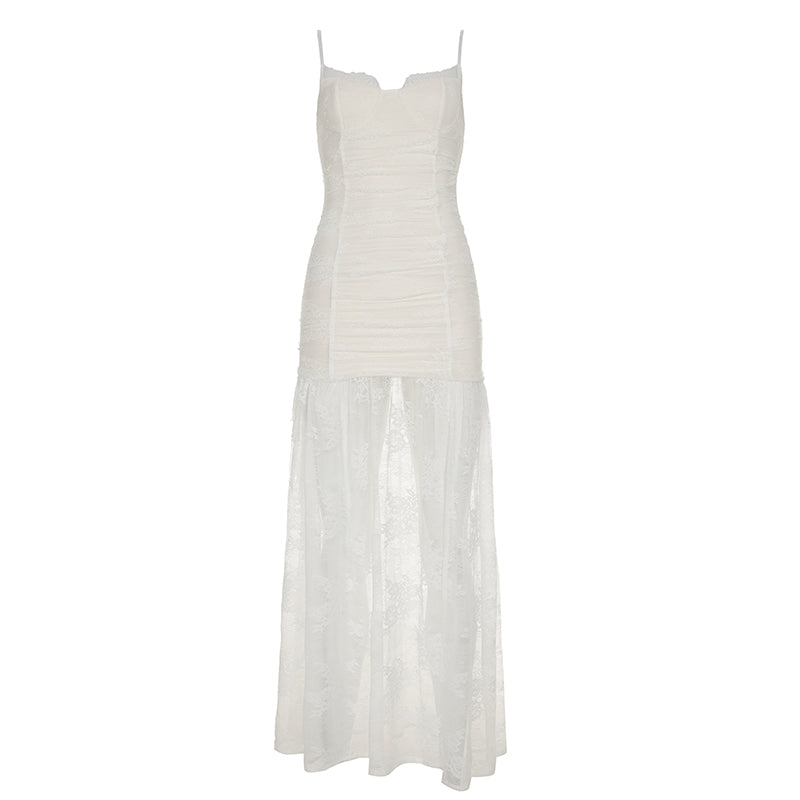 Aiertu  -  -Aiertu  -  -   Hollow Lace Patchwork Sleeveless Long Dress French Style Milkmaid Split Dresses Sexy Bodycon Floor-length Robe Elegant Aiertu