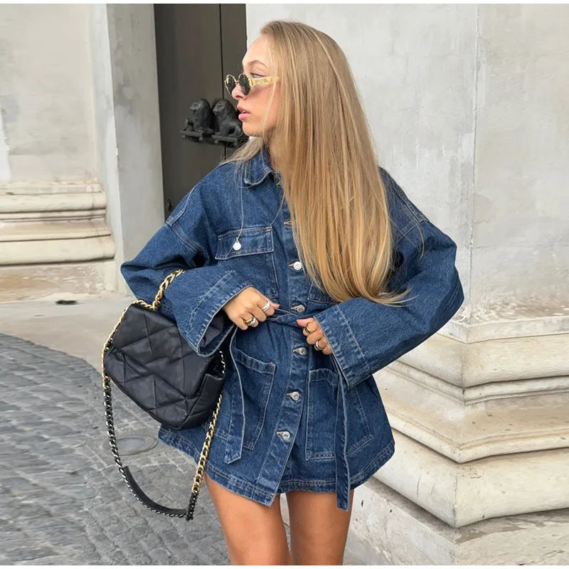 Aiertu  -  Fashion Women's Denim Jackets With Belt Casual Lapel Single-breasted Pockets Washed Jacket 2025 Spring Lady Y2k Street Outwear Aiertu