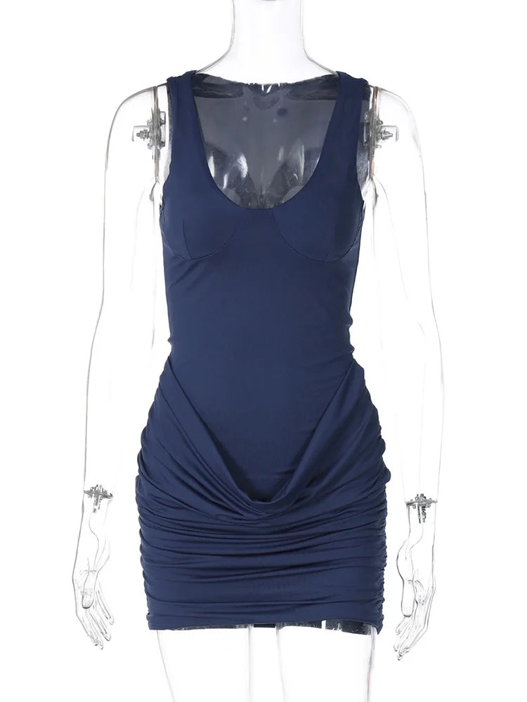 Aiertu  -  layered look inspo Sleeveless Bodycon Ruched Dress Female Solid Patchwork Mini Dress Vestido Casual Fashion Party Female Dresses High Waist Aiertu