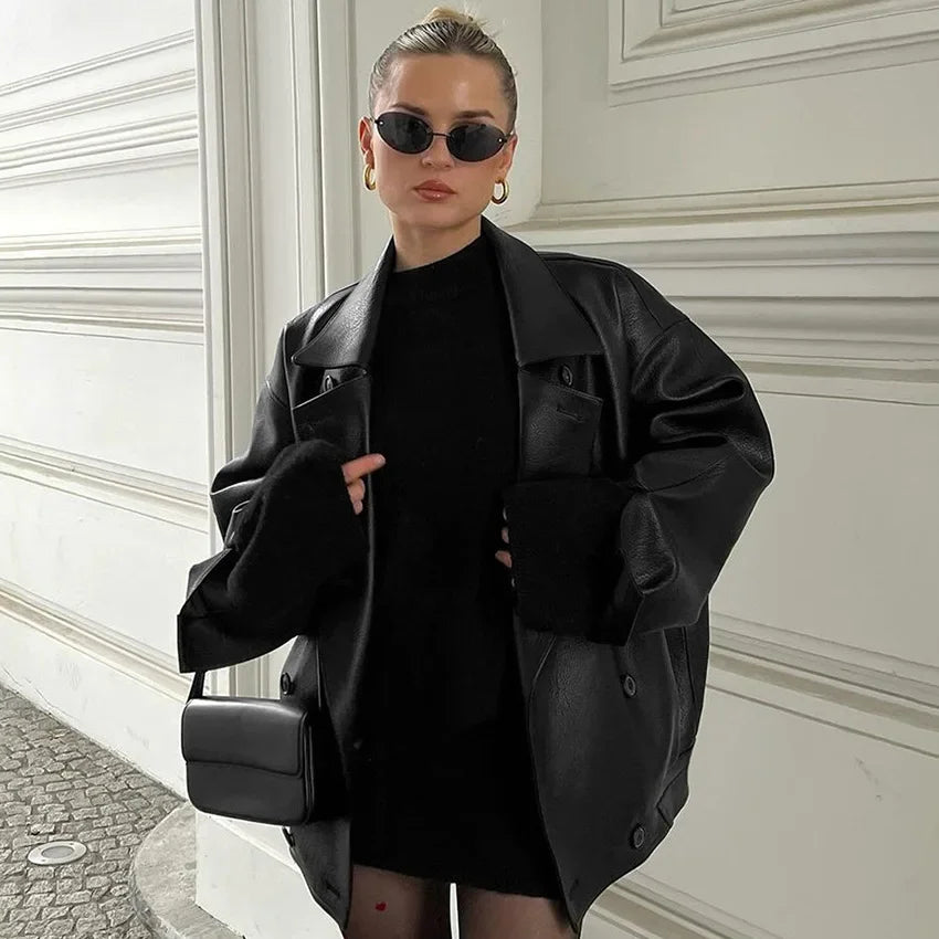 Aiertu  -  Retro Suit Collar Loose Leather Jackets Women's 2026 Autumn Winter Fashion Solid Double Breasted Female High Street Coat Aiertu